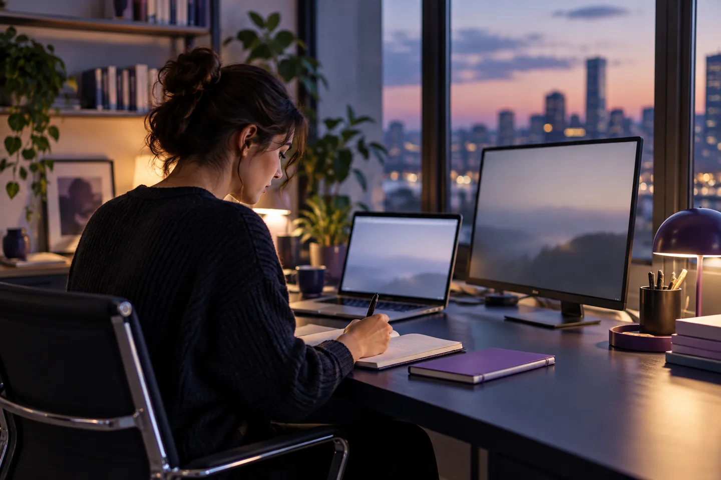 A person planning software work at a desk at dusk.
